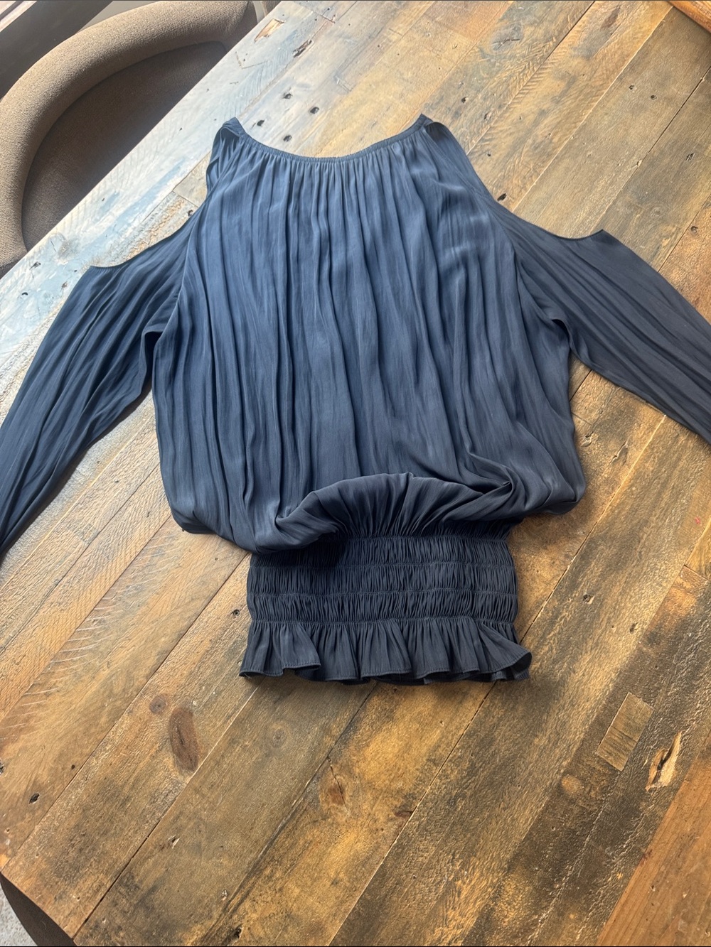 Ramy Brook Navy Pleated Cold-Shoulder Blouse